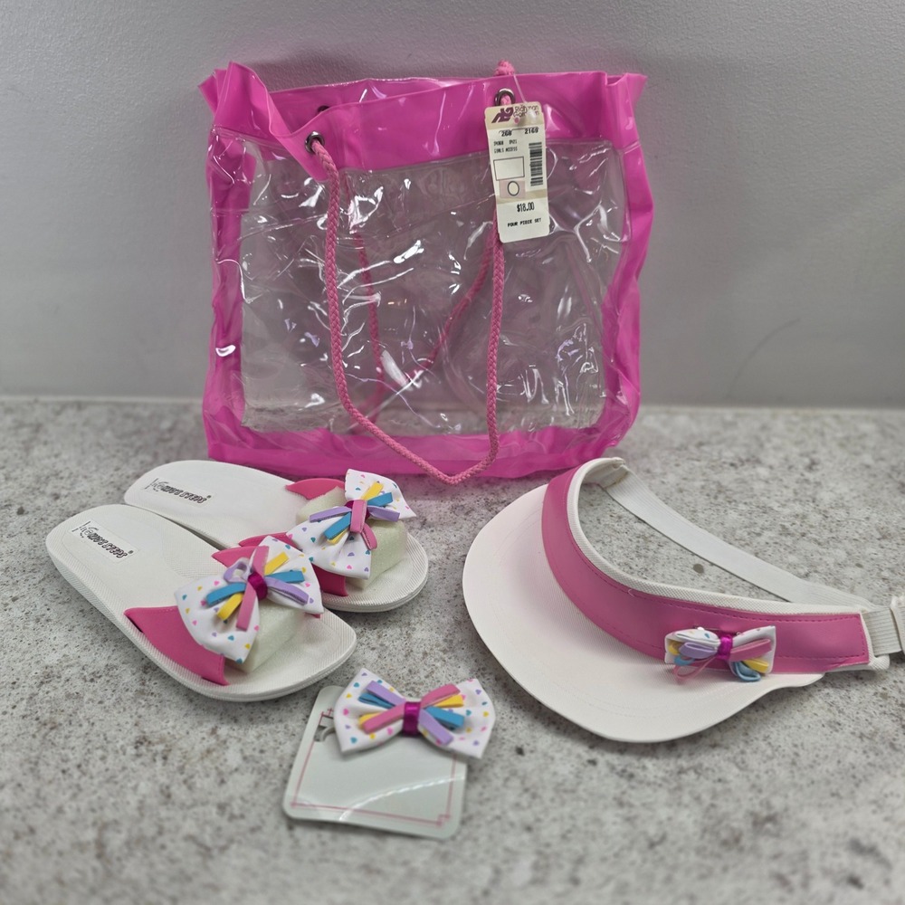 Vintage Kids Steps Girls 4pc Beach Set Sandals Visor Bow Tote Pink White Size 3